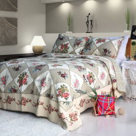 [Secret Garden] Cotton 3PC Floral Vermicelli-Quilted Printed Quilt Set (Queen Size)