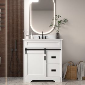 [VIDEO provided]30" Bathroom Vanity with Single Sink Combo, Farmhouse Undermount Bathroom Sink Cabinet with Sliding Barn Doors and 2 Drawers
