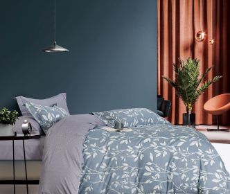 Charlotte  Gray/Blue Floral 3 pcs 100% Cotton  Comforter Set (size: QUEEN)